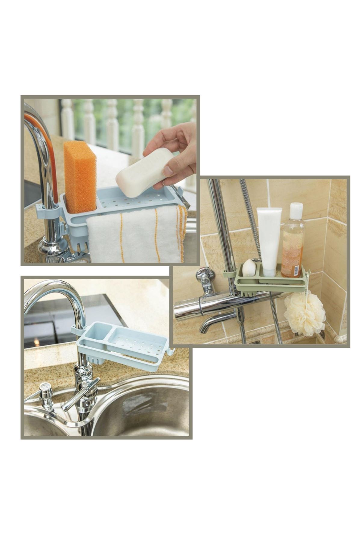 TBL Dekor® Musluğa Takılan Sünger Havlu Askılı Sabun Hazneli mutfak Banyo Lavabo Düzenleyici Organizer