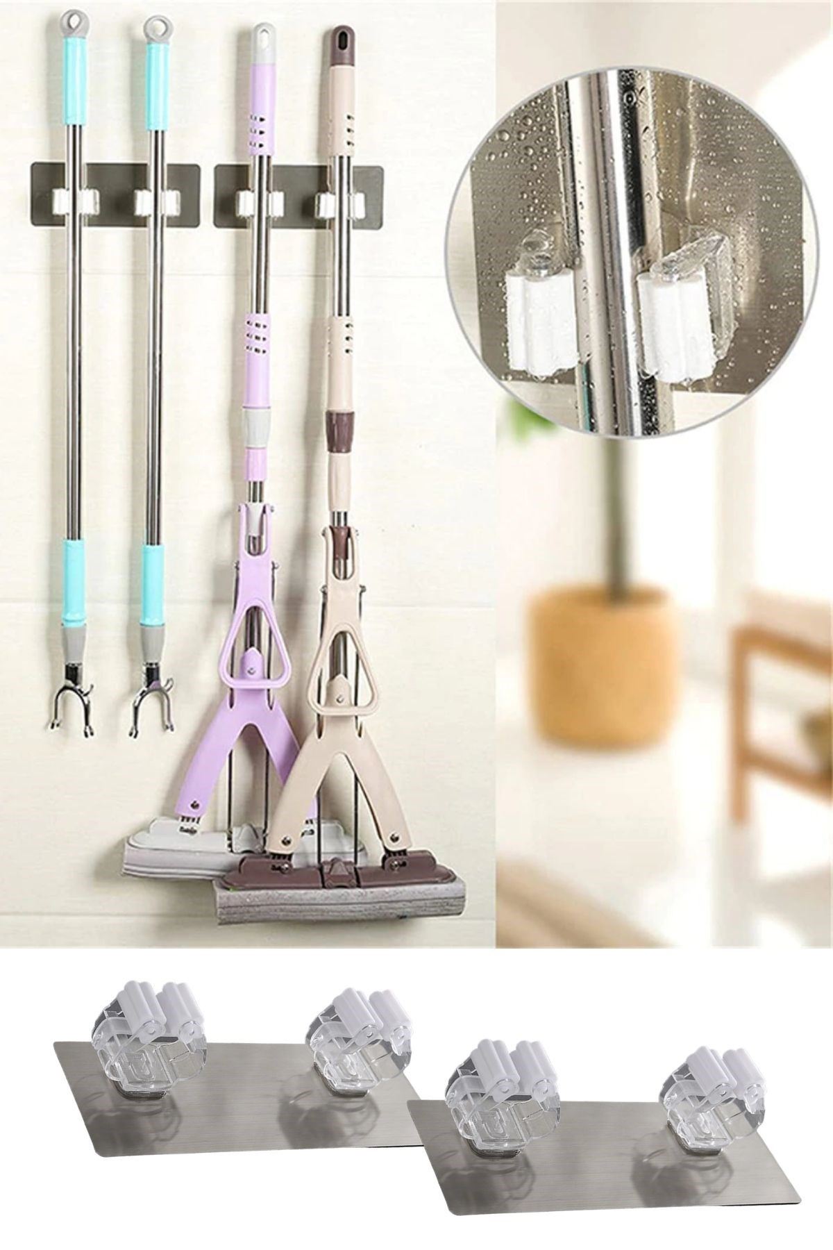 TBL Dekor® Pratik Organizer 4lü Yapışkanlı Fırça Paspas Mop Fırça Sabitleyici Ergonomik Alet Aparatı