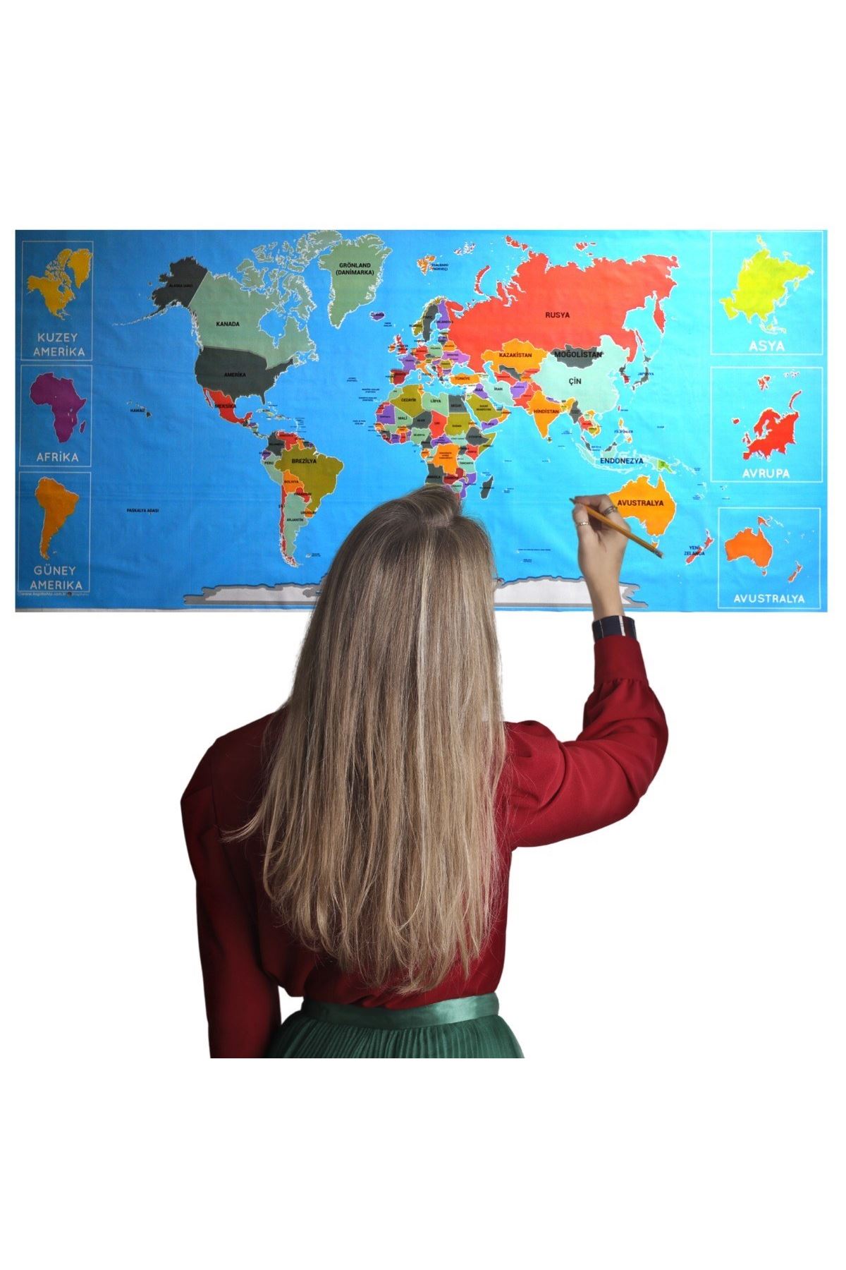 TBL Dekor® Renkli Atlas Dünya Haritası Manyetik Yapıştırıcı Gerektirmeyen Duvar Stickerı 118 CM * 56 CM