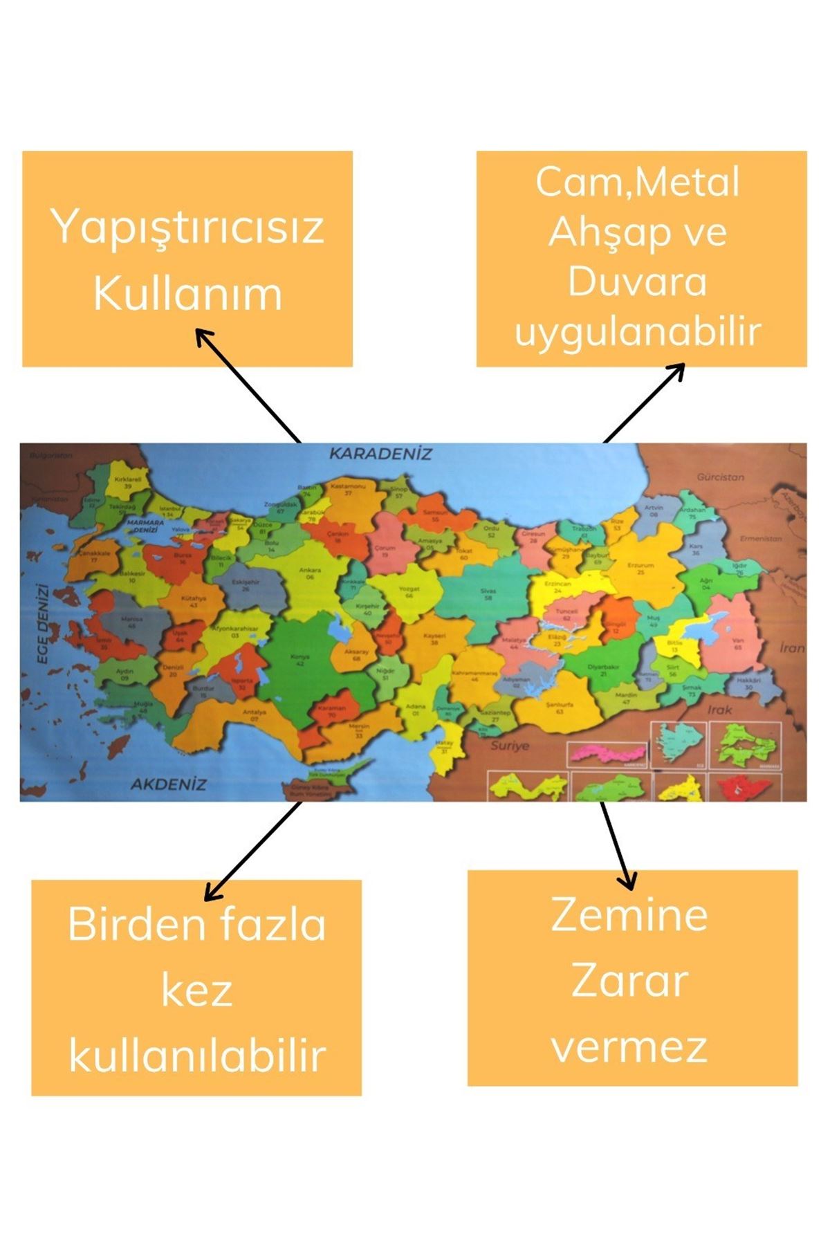 TBL Dekor® Renkli Türkiye Haritası Manyetik Yapıştırıcı Gerektirmeyen Duvar Stickerı 118 CM * 56 CM