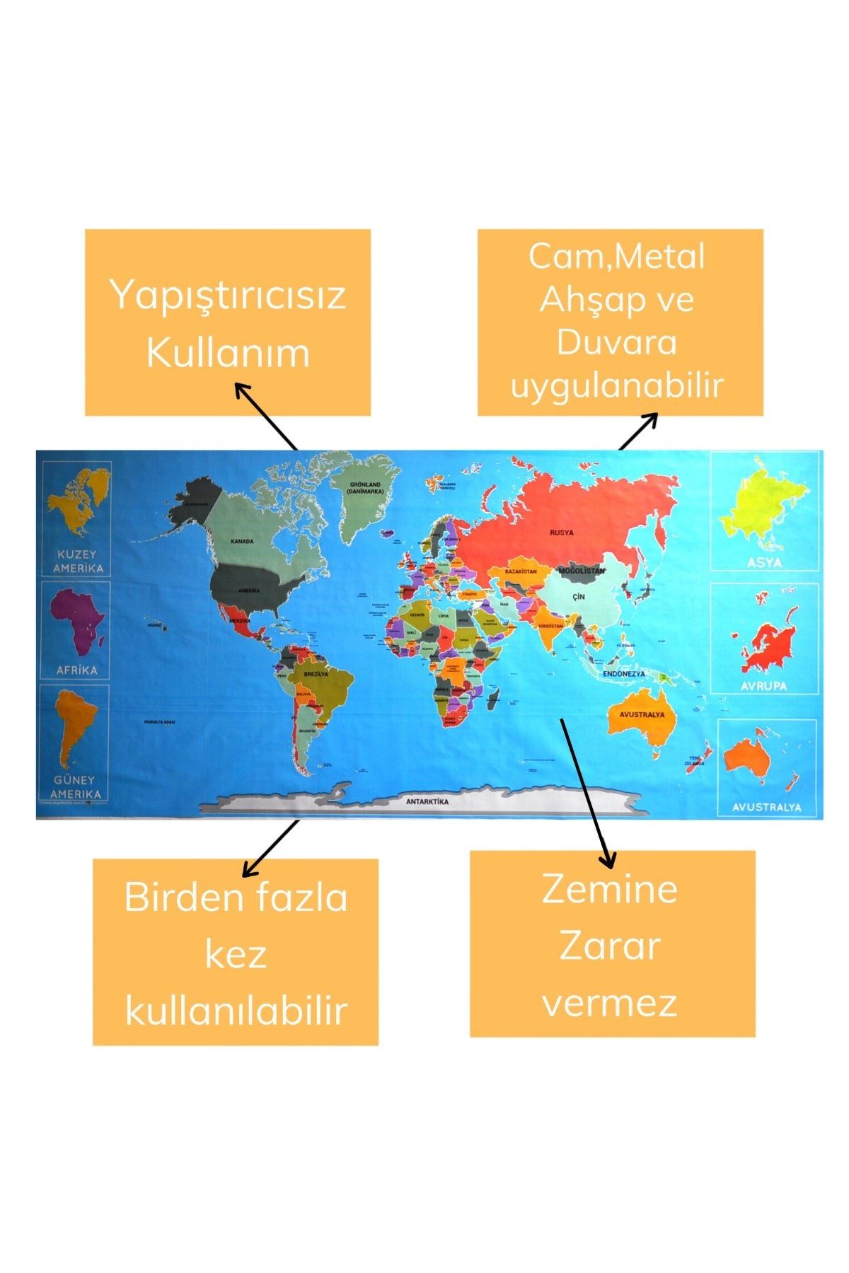 TBL Dekor® Renkli Atlas Dünya Haritası Manyetik Yapıştırıcı Gerektirmeyen Duvar Stickerı 118 CM * 56 CM