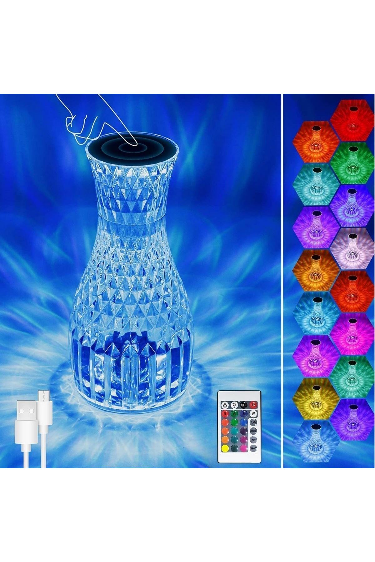 TBL Dekor® Sürahi Model USB Şarjlı Kumandalı 16 Farklı Işık Modlu Masa Üstü Kristal Akrilik Lamba Led