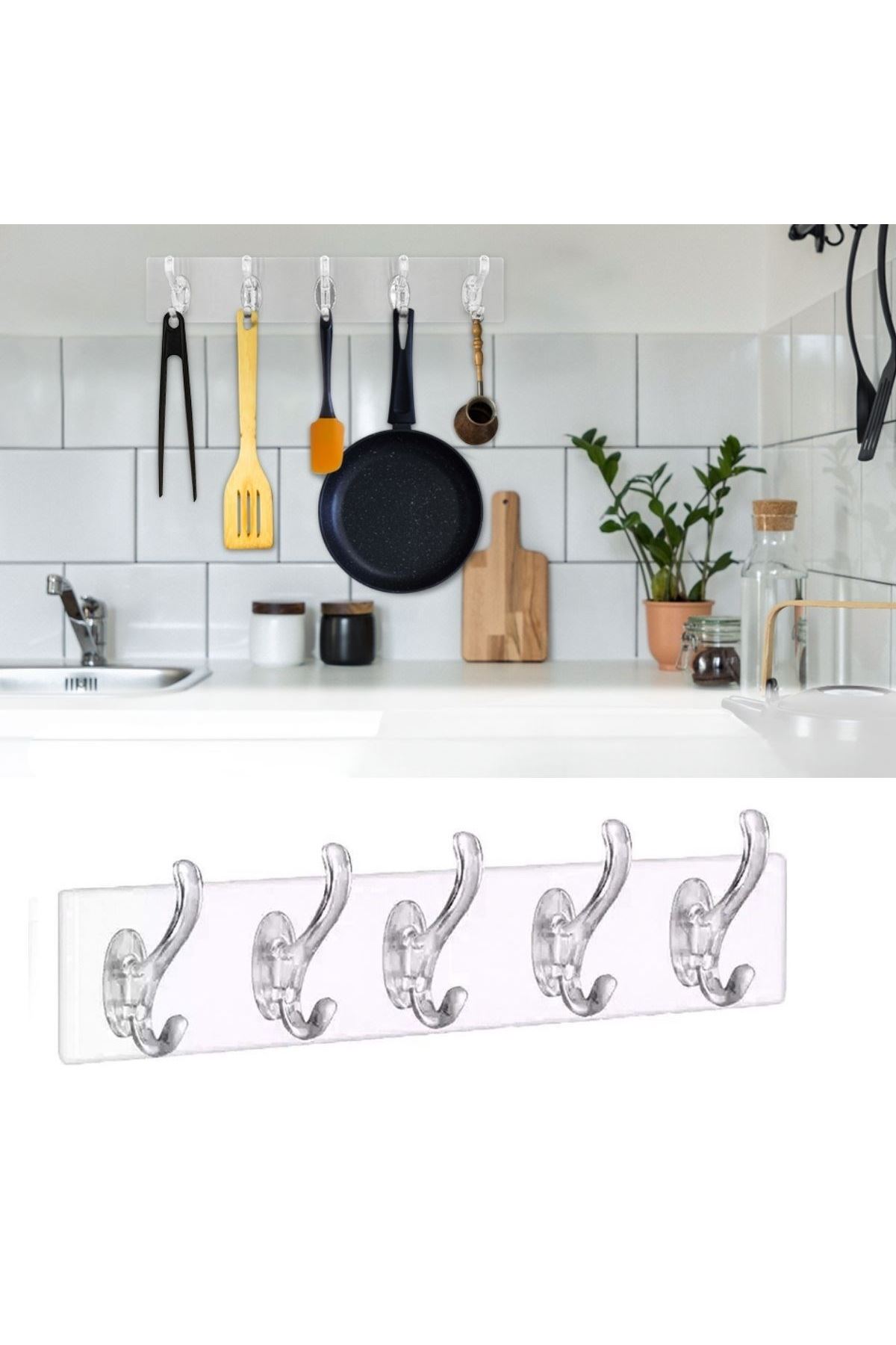 TBL Dekor® 5'li Güçlü Yapışkanlı Şeffaf Duvar Askısı Banyo Mutfak Düzenleyici Pratik Askılık