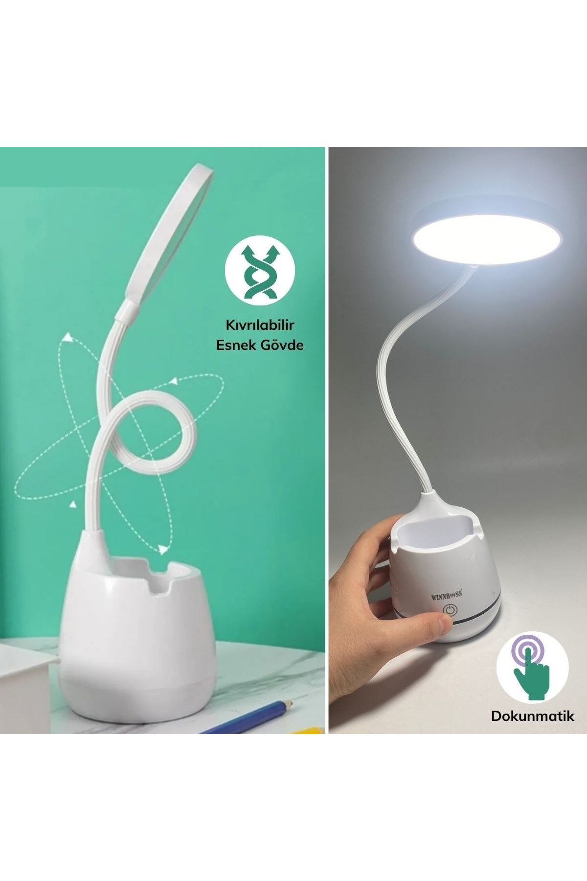 TBL Dekor®Kalemlikli Telefon Tutacaklı Şarjlı Dokunmatik 3 Mod Esnek Başlıklı Dimmerli LED Masa Lambası
