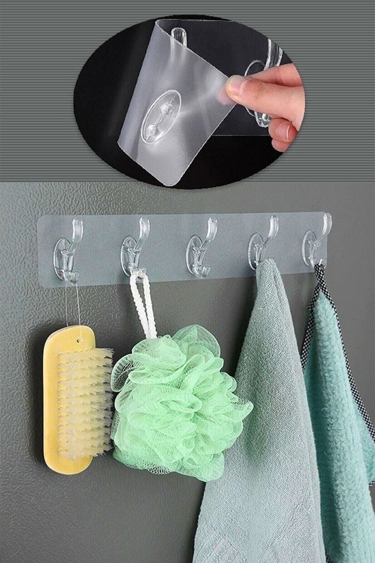 TBL Dekor® 5'li Güçlü Yapışkanlı Şeffaf Duvar Askısı Banyo Mutfak Düzenleyici Pratik Askılık