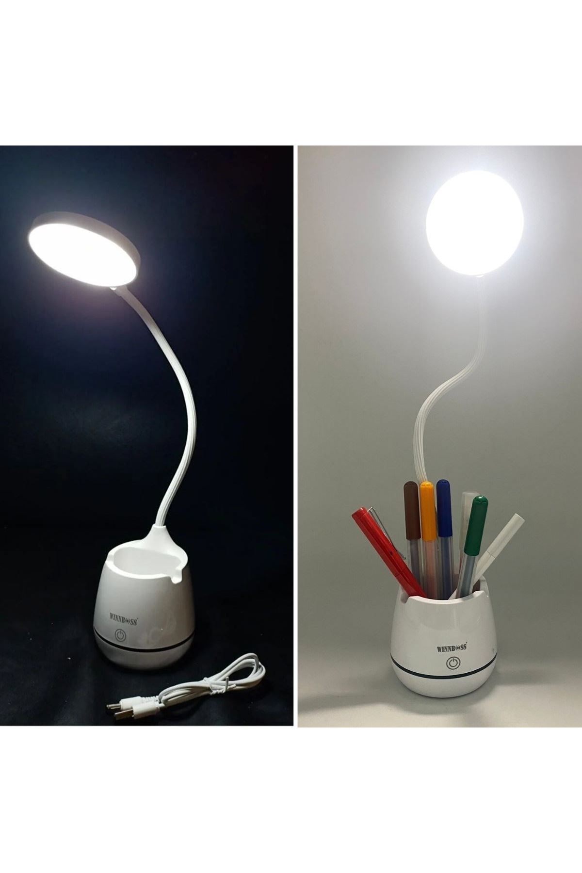 TBL Dekor®Kalemlikli Telefon Tutacaklı Şarjlı Dokunmatik 3 Mod Esnek Başlıklı Dimmerli LED Masa Lambası