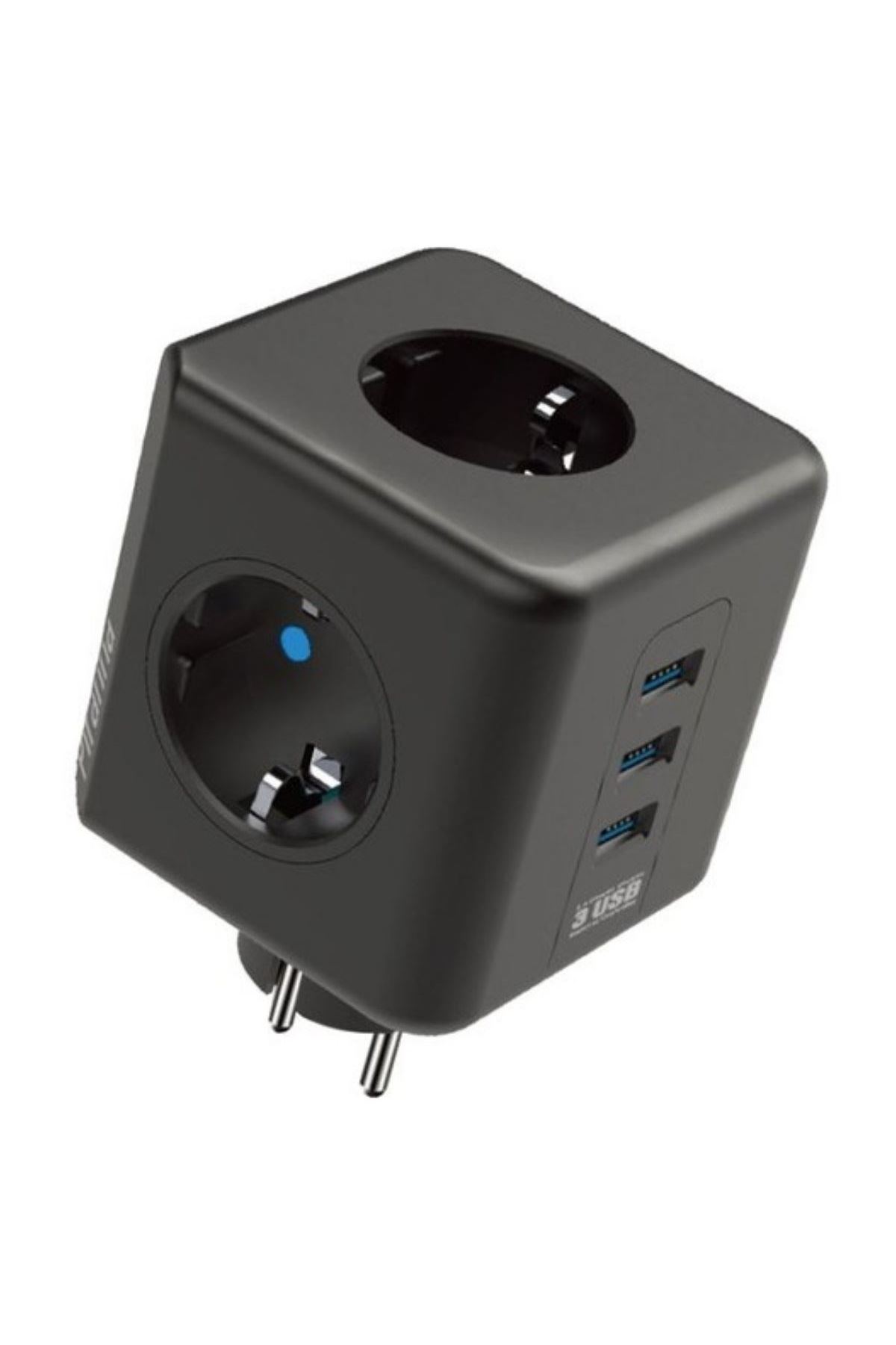 TBL Dekor® Isıya Dayanıklı Termal Akım Korumalı ve Çocuk Korumalı 3 Priz Girişli 3 USB Girişli Küp Priz