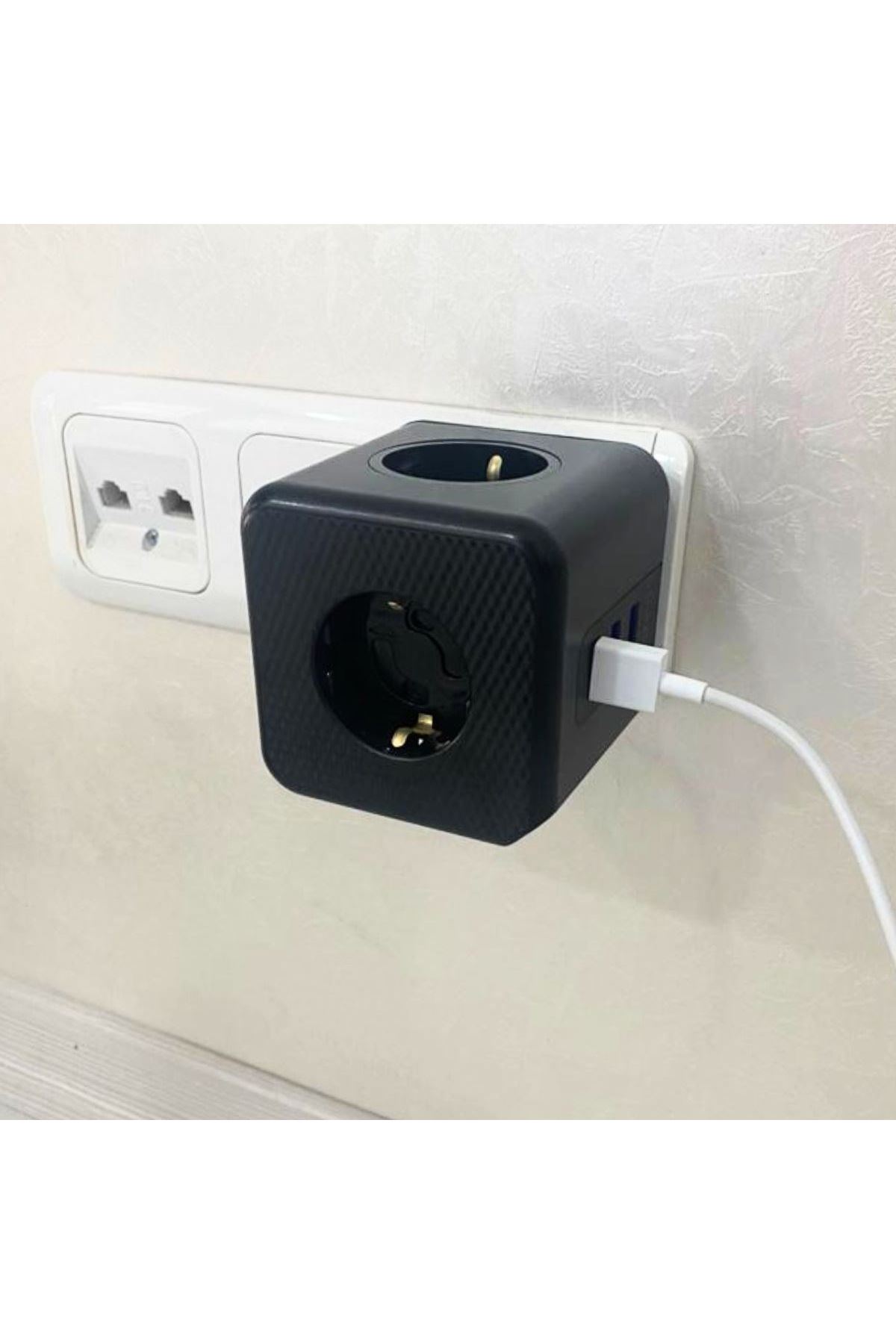 TBL Dekor® Isıya Dayanıklı Termal Akım Korumalı ve Çocuk Korumalı 3 Priz Girişli 3 USB Girişli Küp Priz