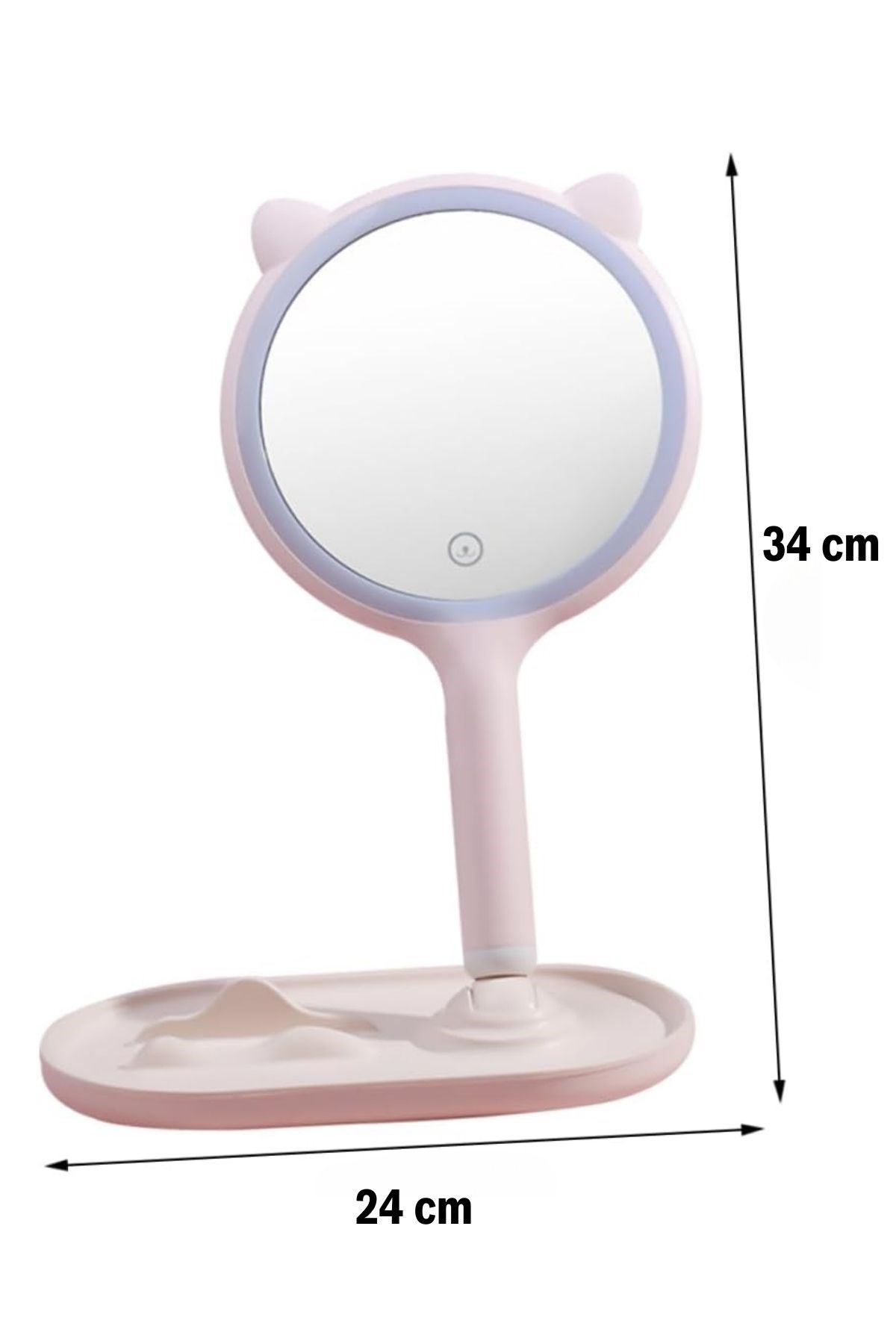 TBL Dekor® Kedi Kulaklı Telefon Standlı Yuvarlak Dokunmatik Led Ayarlı Masa Üstü Makyaj Aynası