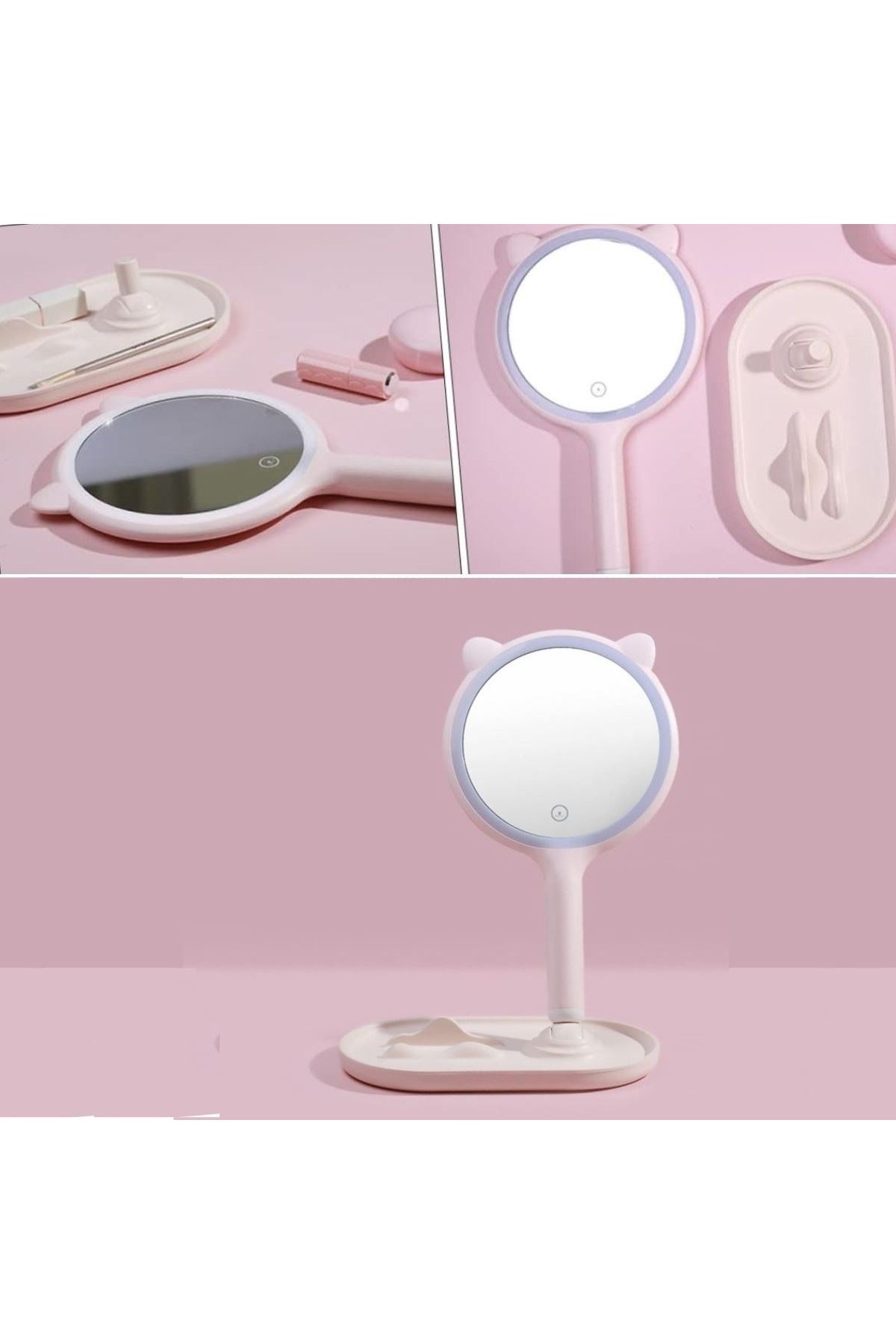 TBL Dekor® Kedi Kulaklı Telefon Standlı Yuvarlak Dokunmatik Led Ayarlı Masa Üstü Makyaj Aynası