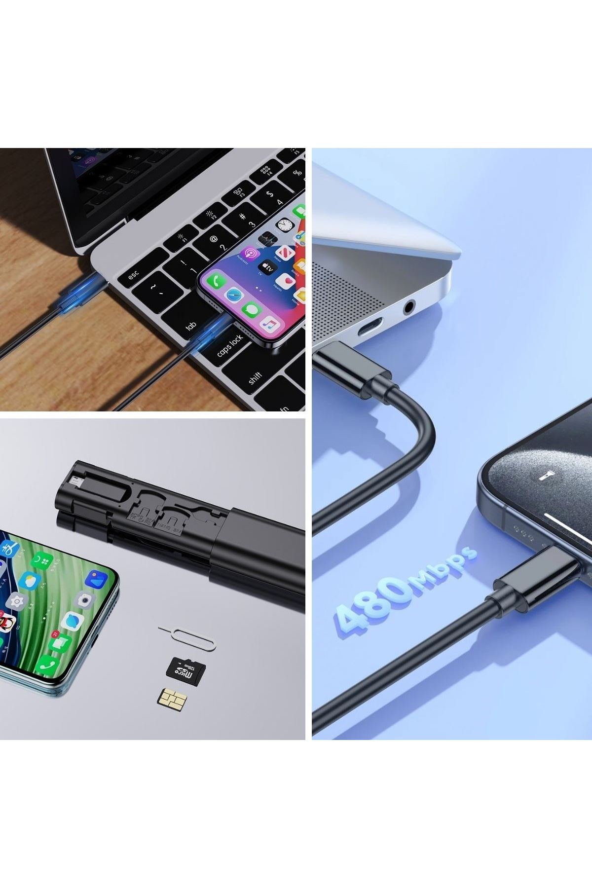 TBL Dekor® Cep Tipi 60W Bas Aç Type-C,İphone Şarj,Micro USB Hızlı Şarj Data Kablo Seti