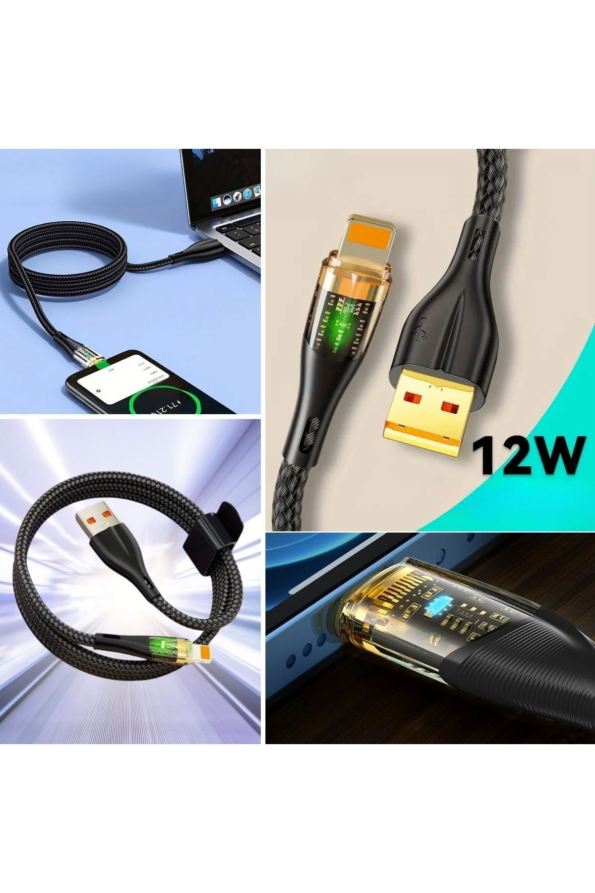 TBL Dekor® Led Işık Uçlu Sağlam İp Kablolu USB to Lightning Hızlı Şarj Kablosu