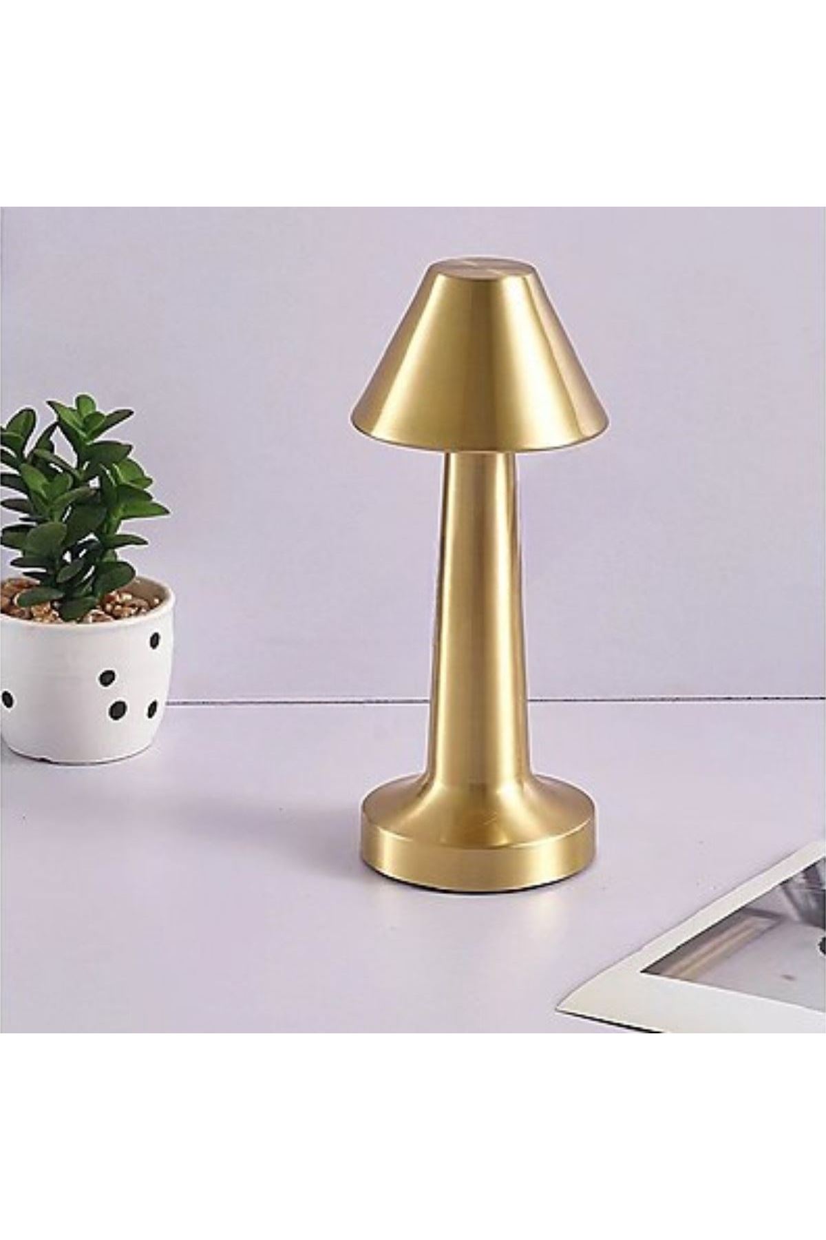 TBL Dekor® Çatı Model Gold Renk Şarjlı Dokunmatik 3 Renkli LED Masa Lambası