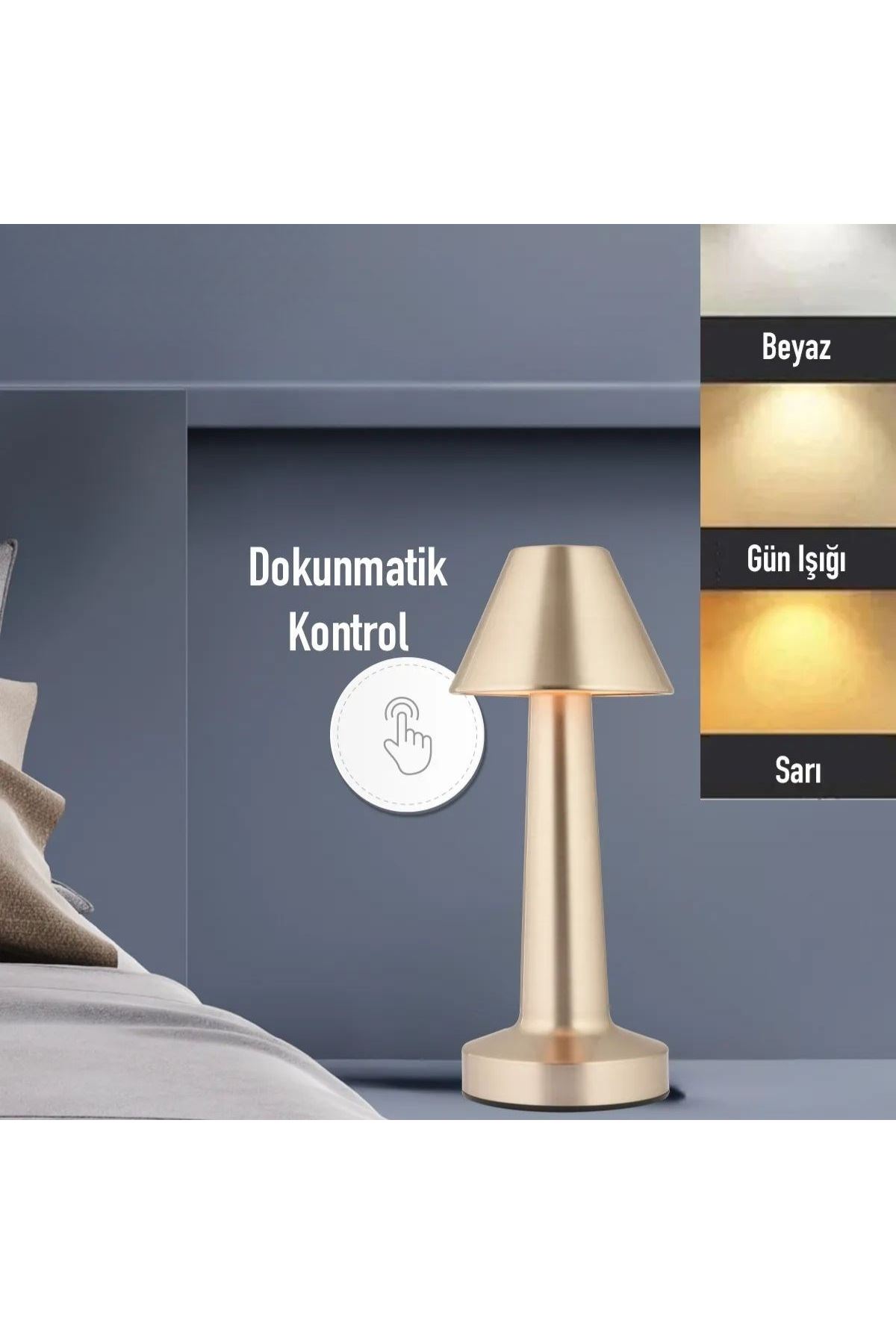 TBL Dekor® Çatı Model Gold Renk Şarjlı Dokunmatik 3 Renkli LED Masa Lambası