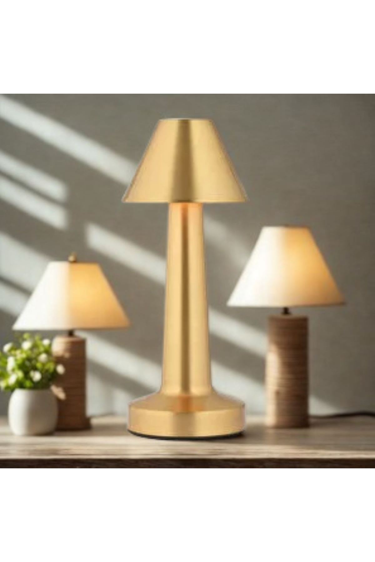 TBL Dekor® Çatı Model Gold Renk Şarjlı Dokunmatik 3 Renkli LED Masa Lambası