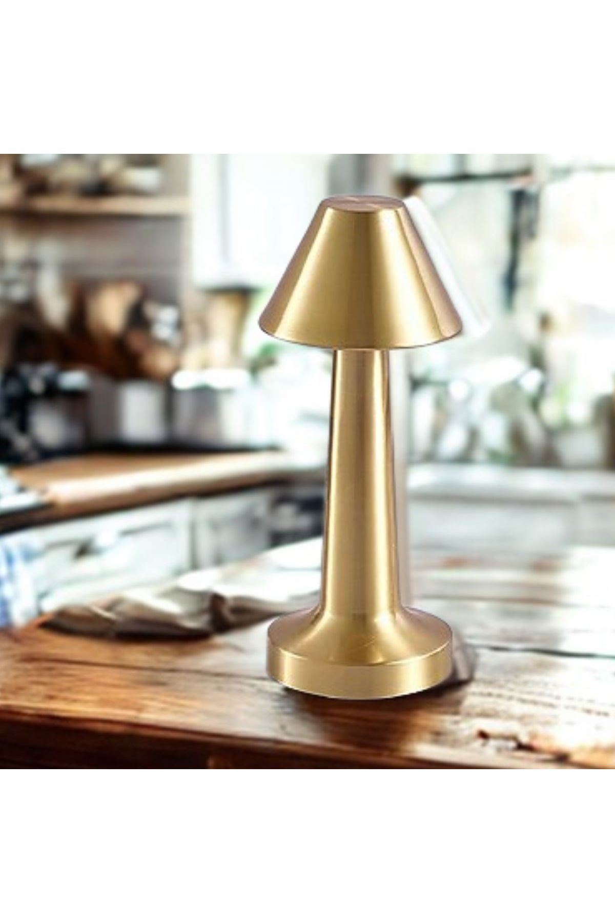 TBL Dekor® Çatı Model Gold Renk Şarjlı Dokunmatik 3 Renkli LED Masa Lambası