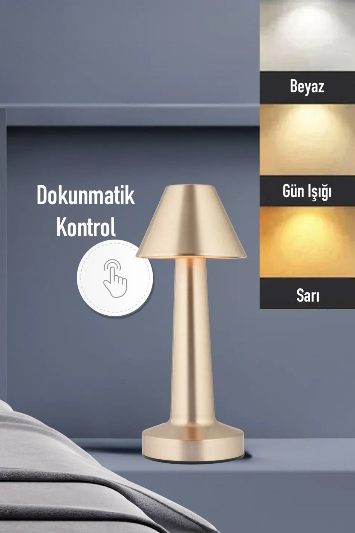TBL Dekor® Çatı Model Gold Renk Şarjlı Dokunmatik 3 Renkli LED Masa Lambası