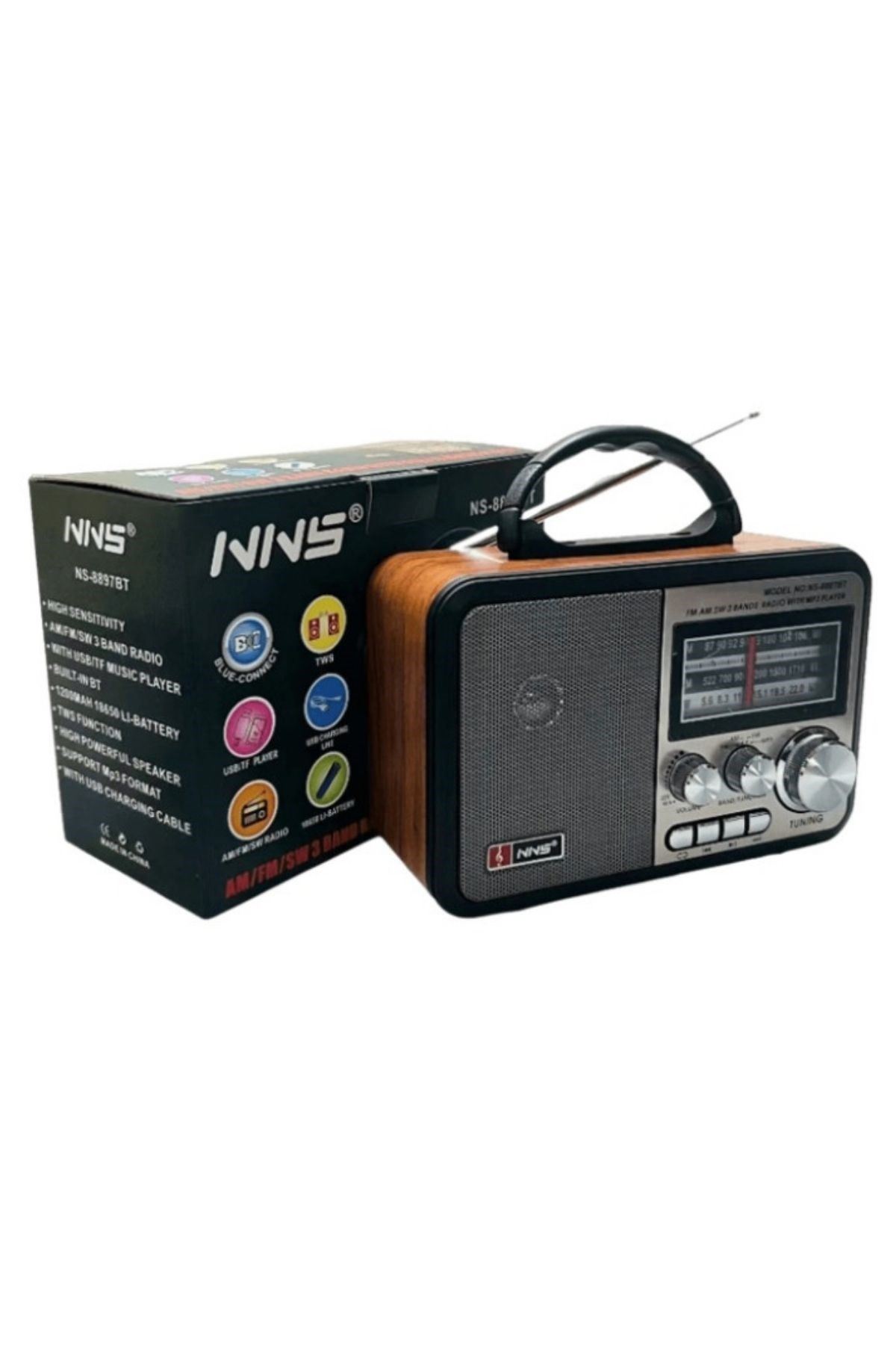 TBL Dekor® Orta Boy Retro, Nostaljik, Ahşap Tasarım Bluetooth Hoparlörlü, Şarjlı, Taşınabilir FM/AM Destekli Radyo NS-8897