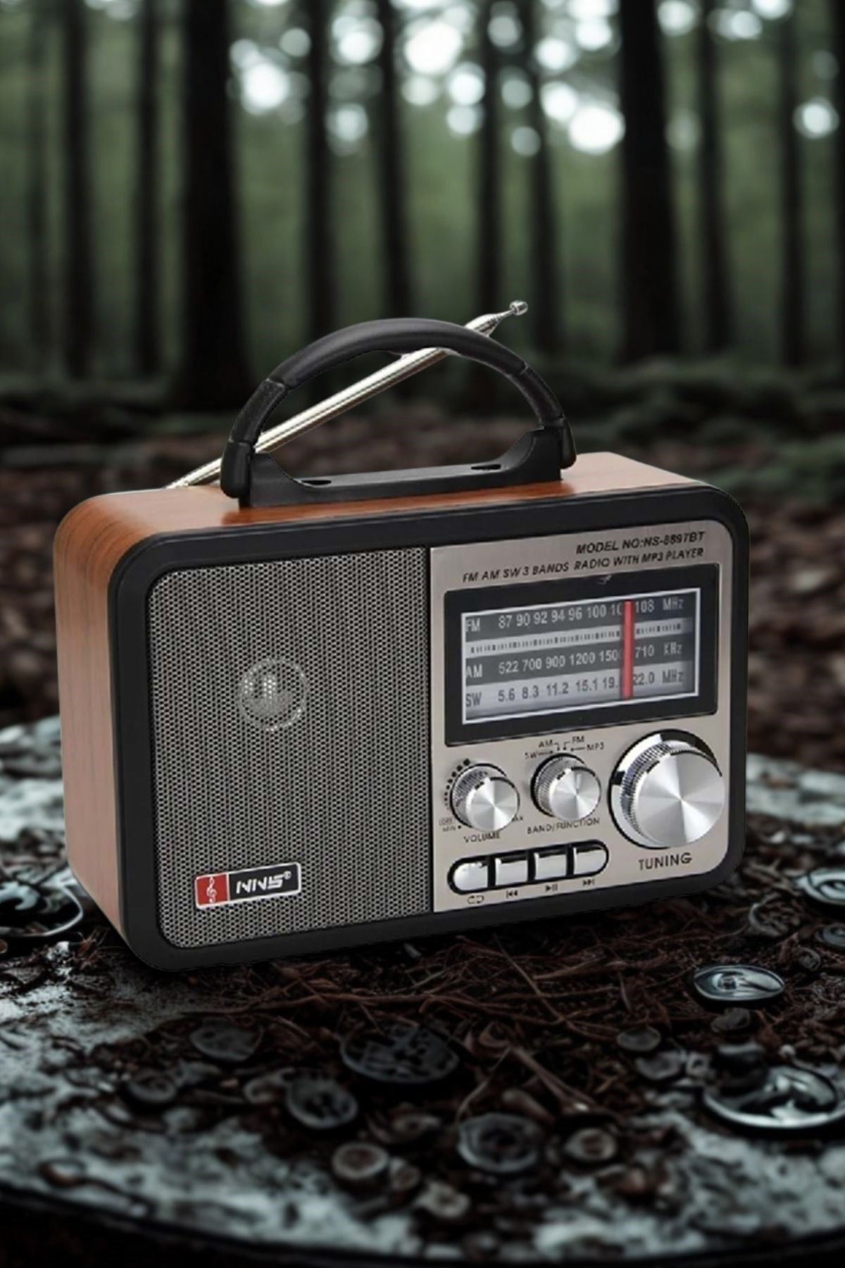 TBL Dekor® Orta Boy Retro, Nostaljik, Ahşap Tasarım Bluetooth Hoparlörlü, Şarjlı, Taşınabilir FM/AM Destekli Radyo NS-8897