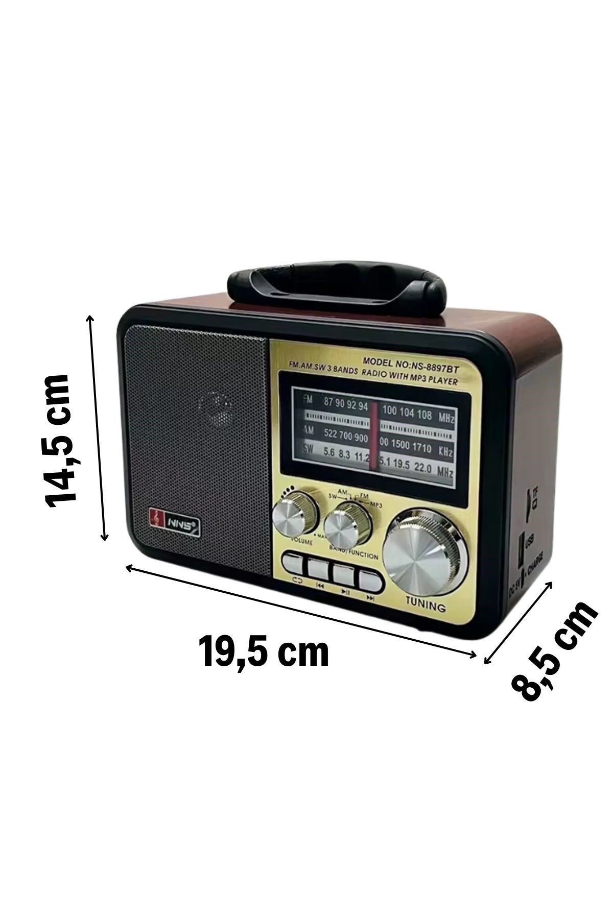 TBL Dekor® Orta Boy Retro, Nostaljik, Ahşap Tasarım Bluetooth Hoparlörlü, Şarjlı, Taşınabilir FM/AM Destekli Radyo NS-8897
