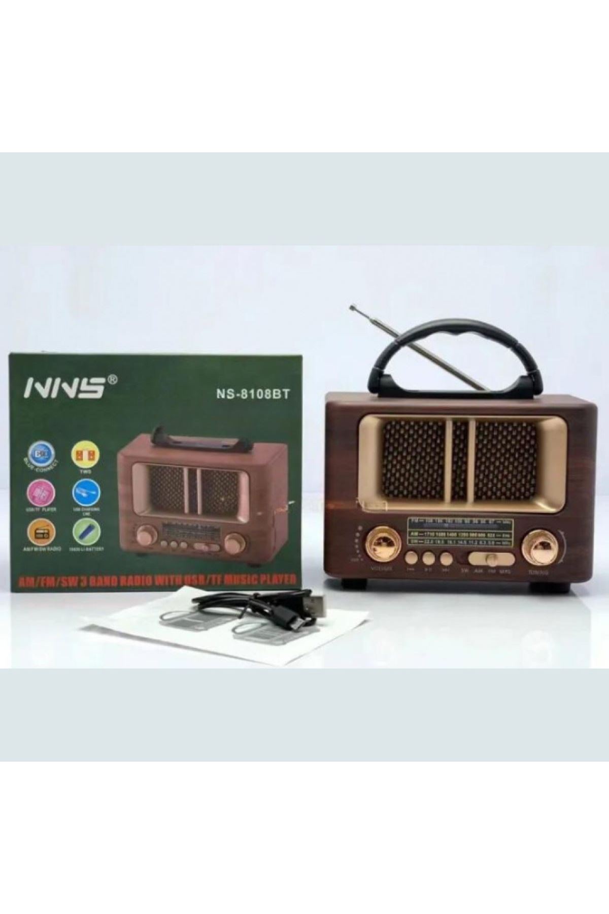 TBL Dekor® Küçük Mini Boy Retro Ahşap Tasarım Bluetooth Hoparlörlü Radyo – FM/AM Destekli, Şarjlı ve Taşınabilir Radyo NS-8108