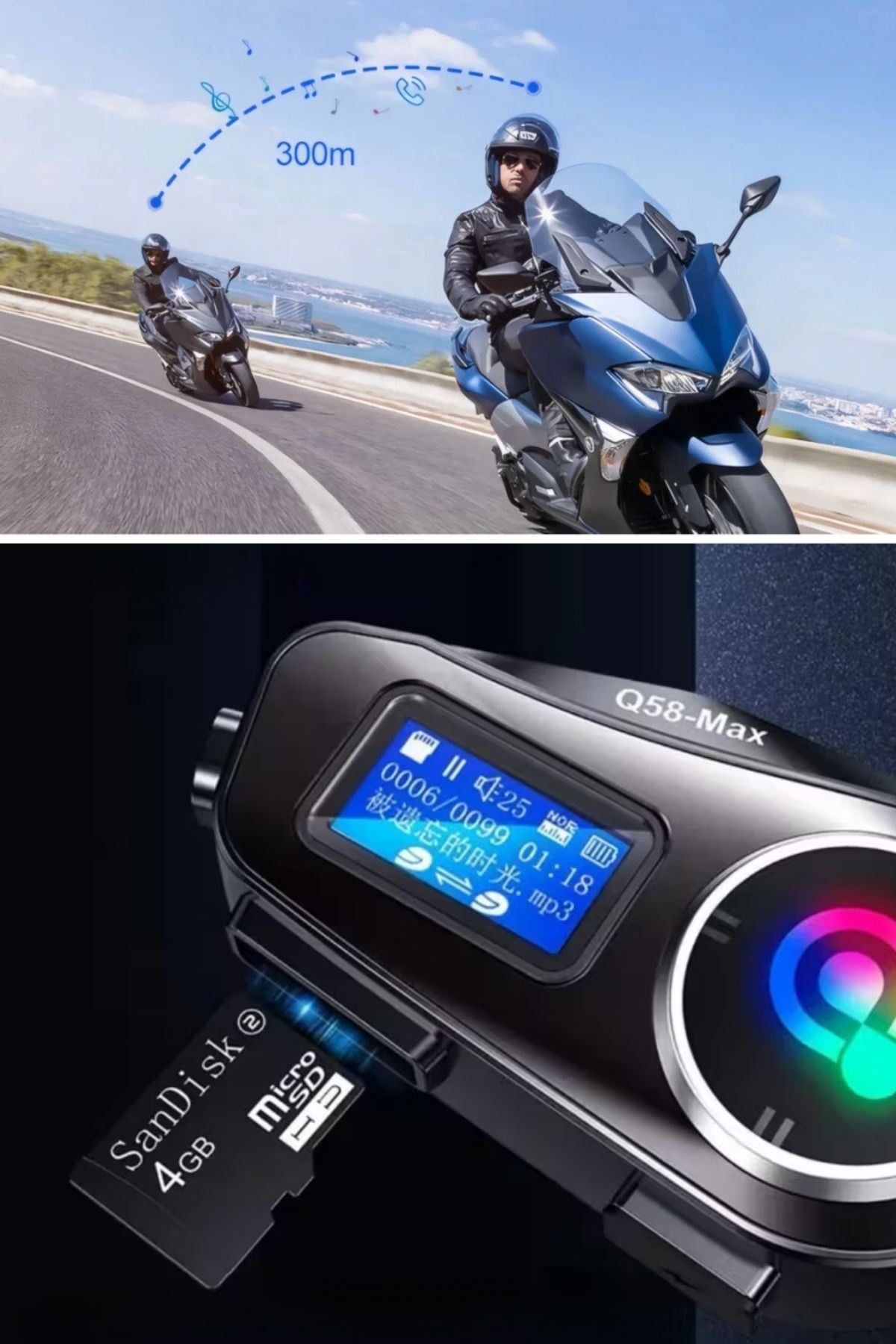 TBL Dekor® Q58 Motorsikletler İçin Fener Özellikli SD Kart Bölümlü LCD Ekranlı Kablosuz Bluetooth Kulaklıklı – Suya Dayanıklı Kask Kulaklığı