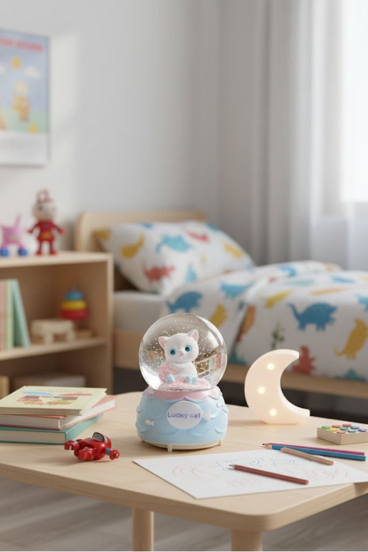 Pilli Işıklı Müzikli Kar Küresi–Şanslı Toplu Kedi Figürlü Eğlenceli Masaüstü Biblo, LED Aydınlatmalı Dekoratif Hediyelik Kar Küresi
