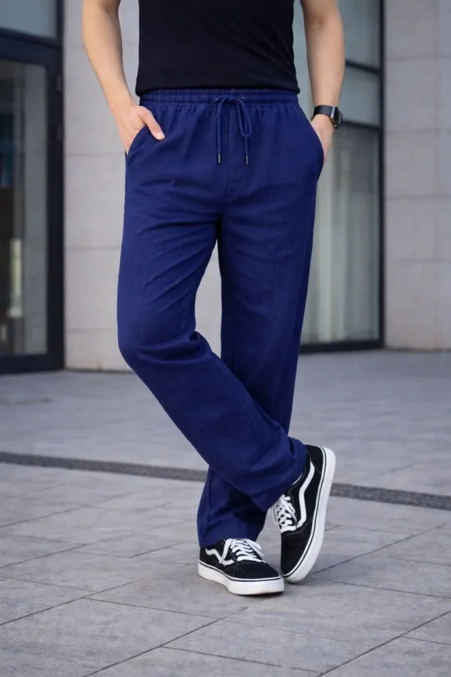 Erkek Keten Cepli Çıma Dikişli Jogger Buggy Pantalon Rahat Kalıp - Lacivert