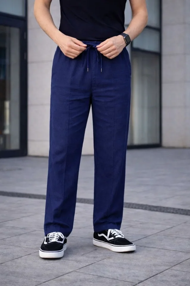 Erkek Keten Cepli Çıma Dikişli Jogger Buggy Pantalon Rahat Kalıp - Lacivert