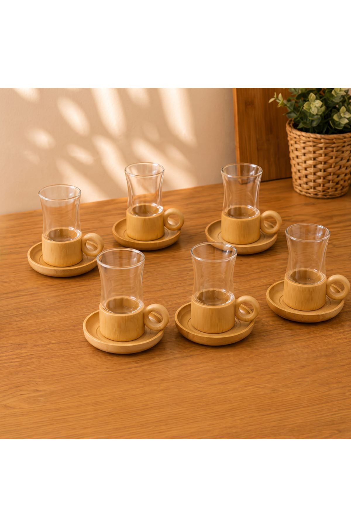 12 Parça Çay Seti - Bambu Bardak Altığı - Çift Cidarlı Cam - 150 ml
