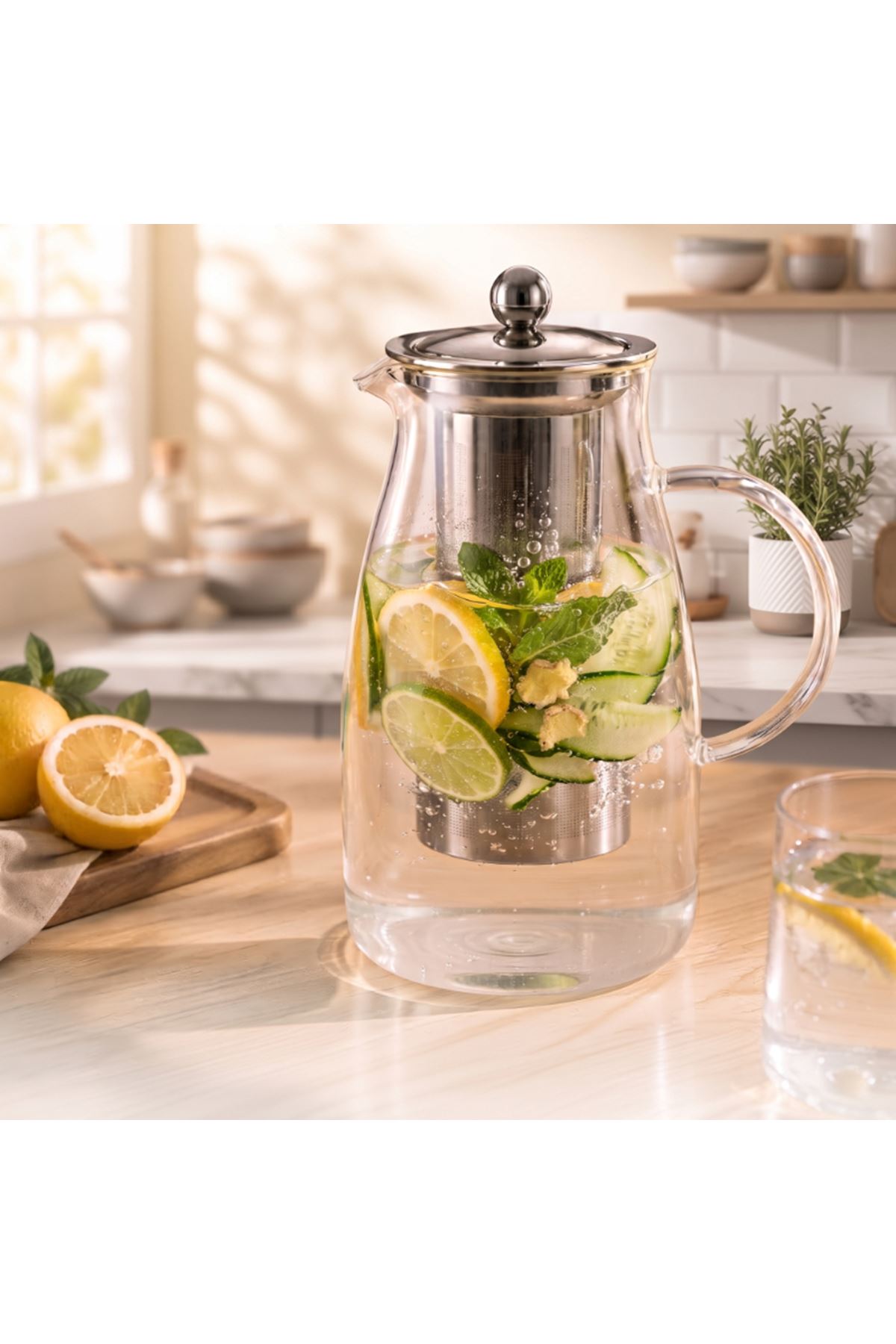 Detoks Sürahisi - 1500 ml - Paslanmaz Çelik Filtre - Cam