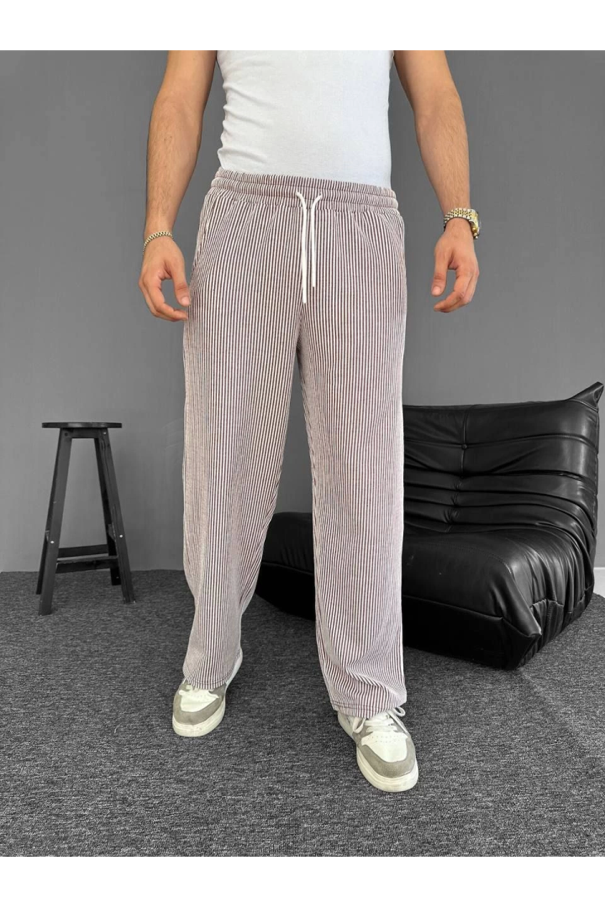 Su Yolu Çizgili Cepli Pantalon - Kahverengi