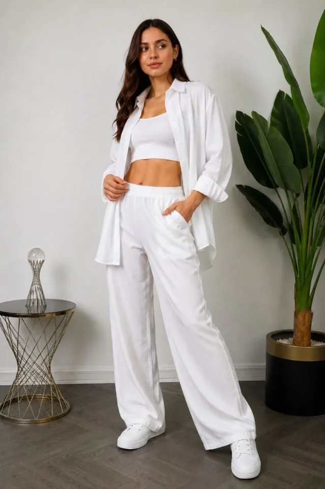 Sofya Keten Gömlek Pantolon Alt Üst Takım Uzun Kollu - Beyaz