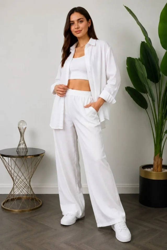 Sofya Keten Gömlek Pantolon Alt Üst Takım Uzun Kollu - Beyaz