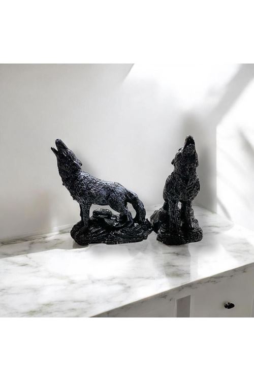 İkili Uluyan Kurt Biblo – Siyah Dekoratif Kurt Heykeli