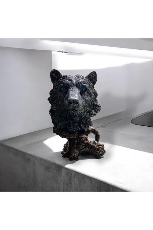 Dekoratif Kurt Başı Biblo –  Siyah & Mavi Gözlü Kurt Heykel