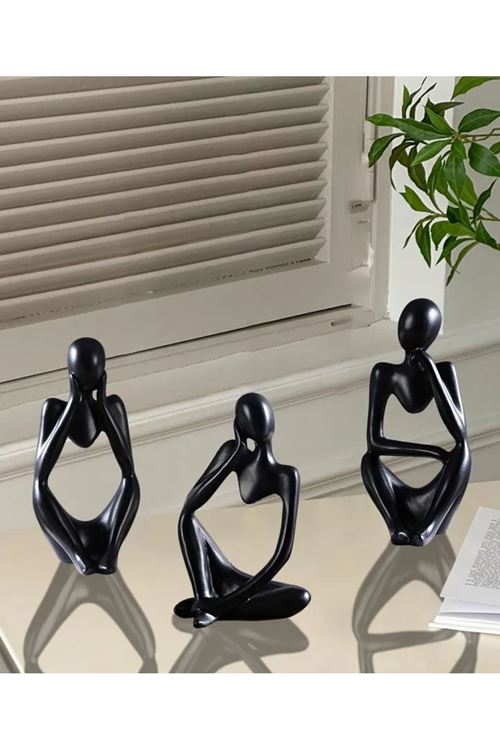 3 lü Polyester Siyah Soyut Düşünür Heykel Biblo Aksesuar Seti