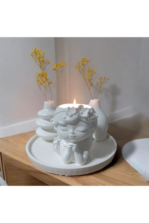Dekoratif Çiçekli Kız Figürlü Tealight Mumluk, Modern Vazo Seti ve Yuvarlak Tepsi