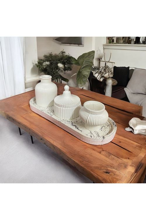 Minimalist Mermer Desenli Tepsi Üzerinde Dekoratif Kap Seti"