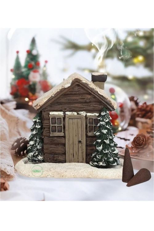 Kar Efektli Ev Şeklindeki Yılbaşı Temalı El Boyaması Tütsülük