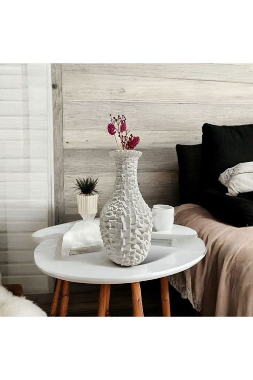 Beyaz Mozaik Detaylı Dekoratif Vazo