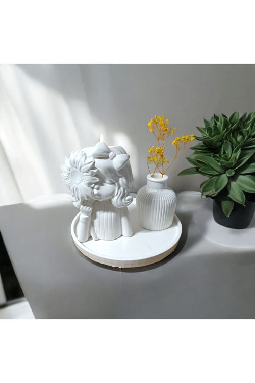 Dekoratif Güneş Çiçeği Tutan Kız Mumluk ve Vazo Seti