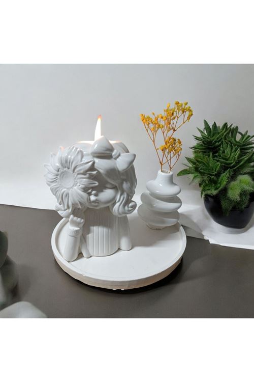 Dekoratif Güneş Çiçeği Tutan Kız Mumluk ve Vazo Seti