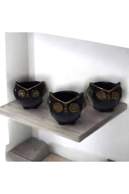 3'lü Dekoratif Baykuş Figürlü Beton Saksı ve Saklama Kutusu Seti - Şık ve Modern Tasarım