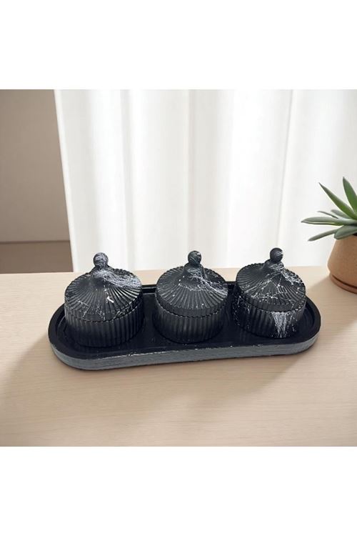 Siyah Mermer Desenli Kapaklı 3’lü Dekoratif Saklama Kabı Seti