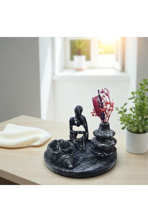 Siyah Mermer Desenli Meditasyon Temalı Dekoratif Masa Üstü Set