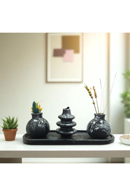  Siyah Mermer Desenli 3’lü Dekoratif Vazo ve Obje Seti
