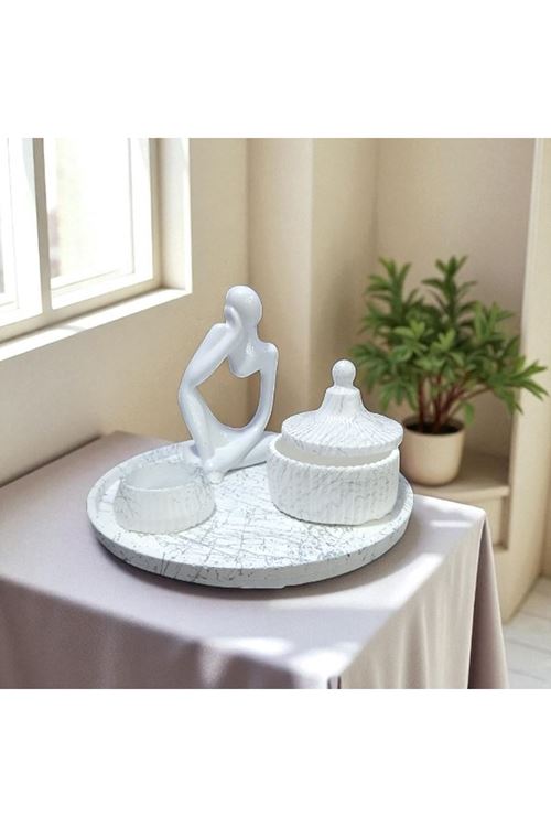  Beyaz Mermer Desenli Figürlü Dekoratif Sunum Seti