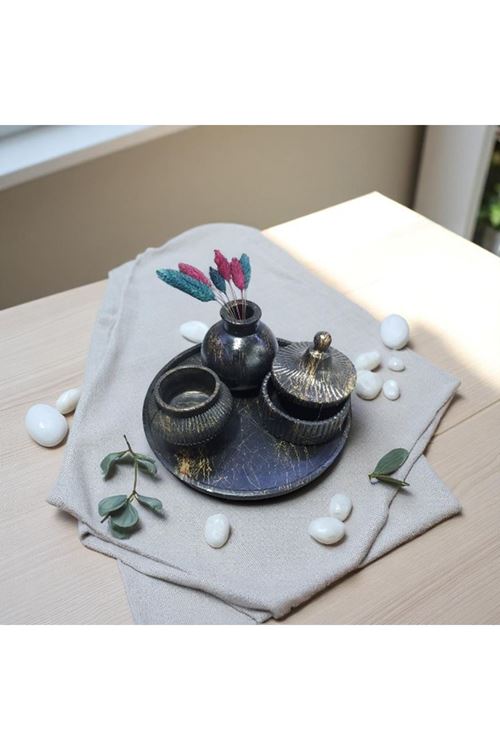 Siyah Zemin Üzeri Altın Mermer Desenli 3’lü Dekoratif Obje Seti