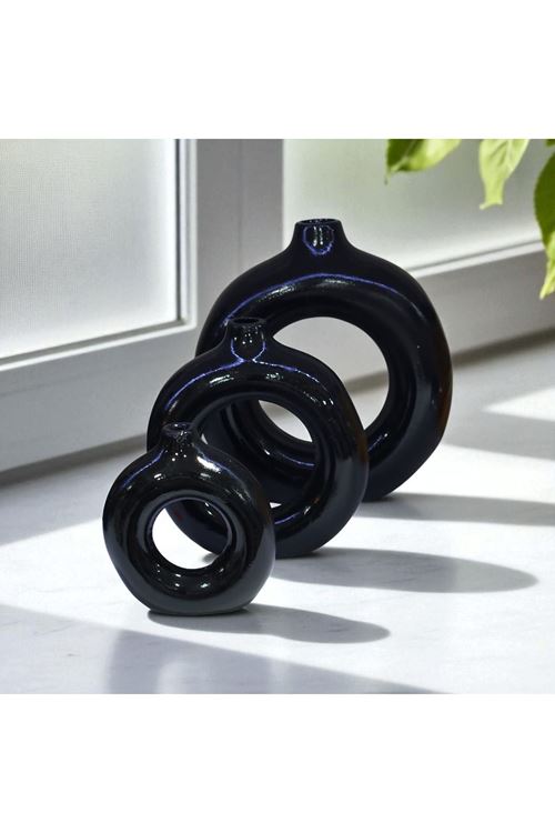 Siyah Parlak Yüzeyli 3’lü Modern Dekoratif Vazo Seti